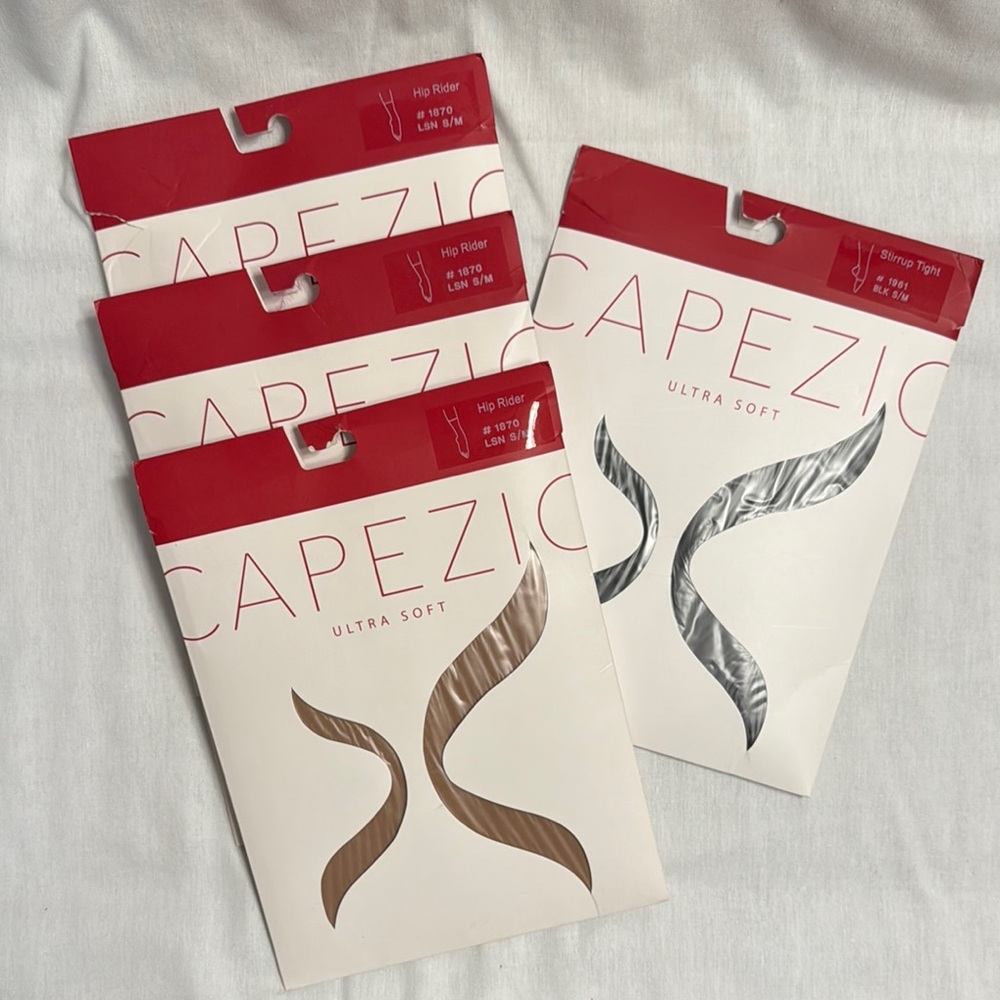 Capezio Ultra Soft Tights-3 Hip Riders in Lt. Suntan, 1 Stirrup in Black (S/M)
